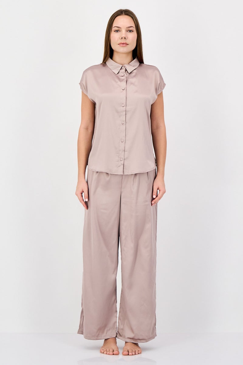 NINE WEST Women 2 Pieces Solid Top And Bottom Pajama Set, Tan - Image 1